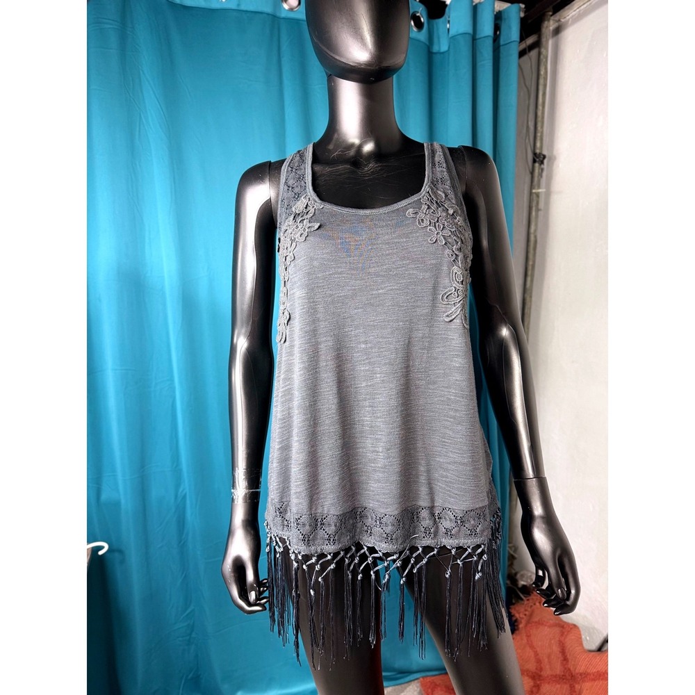 Skylar + Jade Black Crochet Fringe Tank Top Sleeveless Festival Boho Women's L‎